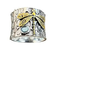 Retro Dragonfly Two Tone Hammered Silver Style Ring‎ 7